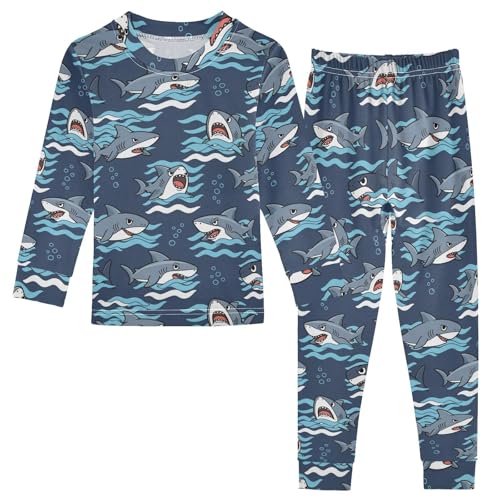 Pajama Sets Long Sleeve Angry Shark Blue Background Soft Comfy Sleepwear 2 Piece PJS 3-8T