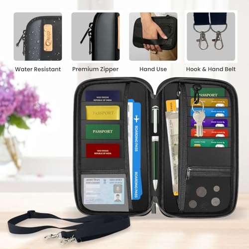 Image of Passport Holder Cover with Shoulder Strap for Travel | Organizer Pouch for Men & Women | Passport Holder with Credit Debit Card Slots, Boarding Pass, Tickets, Visa, Mobile & Cash (Black)