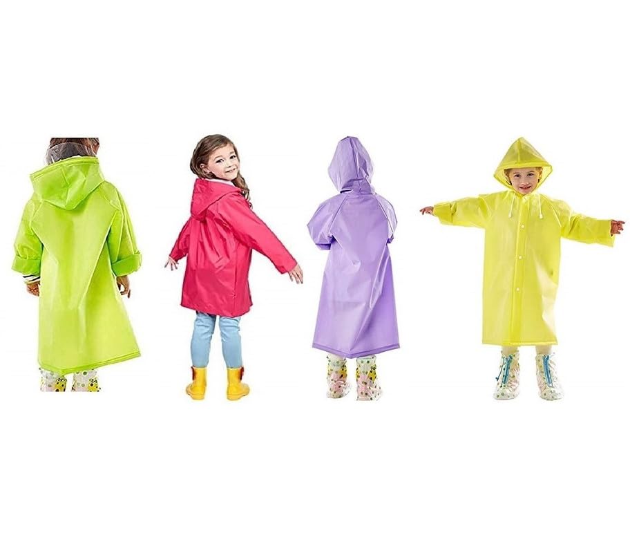 W+ Kid's Boy's Outdoor Traveling Plain Raincoat/Rain wear/Rain Suit(Green, Red, Purple & Yellow)-(Pack of 04) (6-7Years)