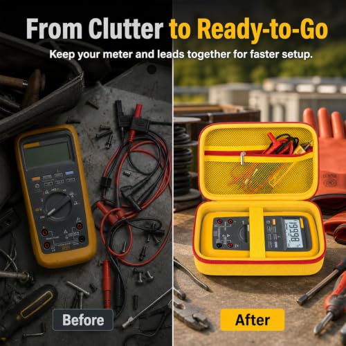 Image of Comecase Hard Multimeter Case for Fluke 87V MAX 87V 88V 179 with Holster | Divider & Zippered Mesh Storage for Test Leads, Probes, Workshop and Field Use, Yellow, Case Only