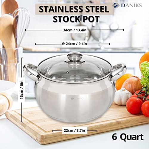 Image of Daniks Classic 6.5 Quart Stainless Steel Stock Pot with Glass Lid, Tri-Ply Bottom for Even Heating, Induction Compatible, Dishwasher Safe