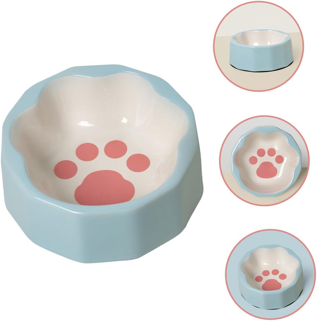 BESPORTBLE Ceramic Tilted Cat Bowl Small Blue Pet Food Dish with Animal Paw Print Design for Indoor Cats and Small Dogs