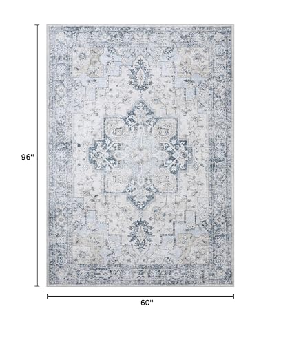 GENIMO 5x8 Area Rugs for Living Room, Machine Washable Low Pile Rugs, Chenille Non Alip Vintage Rug for Bedroom, Dining Room, Home Office, Blue