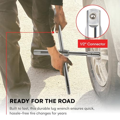 Boulder Tools 23 inch 4 Way Lug Wrench - Universal Telescopic Tire Removal Tool for Car and Truck - Portable Heavy Duty Tire Changing Tool for 19 mm and 21 mm Nuts - Durable Silver Aluminum Alloy