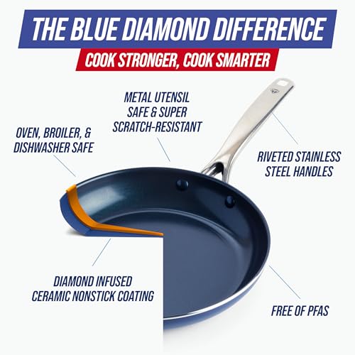 Image of Blue Diamond 12 inch Nonstick Frying Pan with Lid, Diamond Infused PFAS & PTFE-Free Ceramic Skillet, Dishwasher & Oven Safe, Stay Cool Handle, Durable Non Toxic Metal Utensil Safe, Glass Lid, Blue