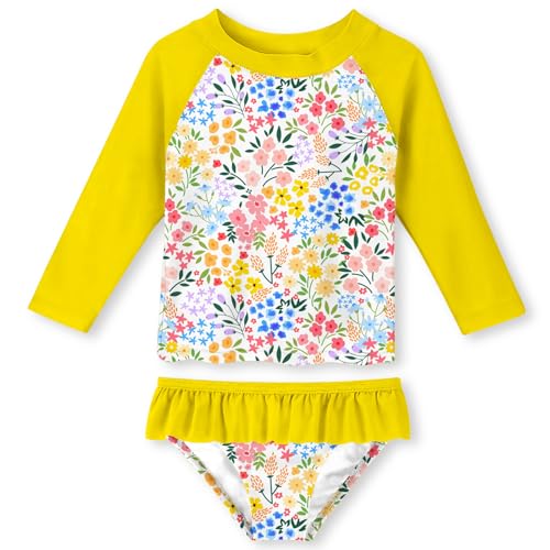Image of Funnycokid Girls Swimsuit Toddler Bathing Suit Long Sleeve 2 Piece Rash Guard Set for Kids 2-10 Years