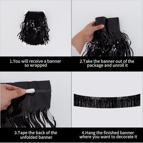 Image of BEISHIDA 3 Pack Black Wavy Foil Fringe Garland 30ft Tinsel Wall Decor