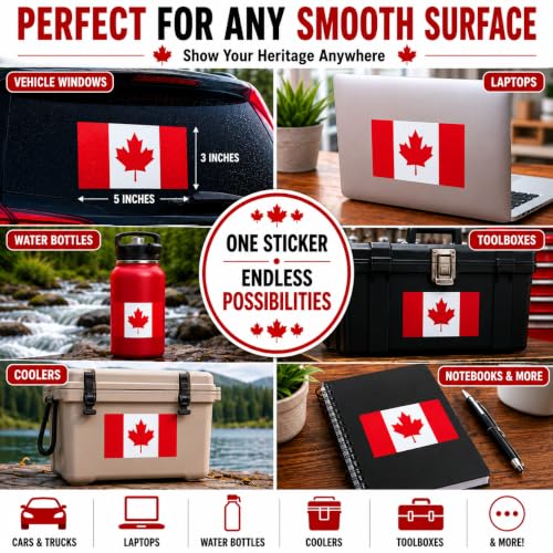Image of Canadian Flag Vinyl Flag Stickers, Car Decals, Waterproof Indoor Outdoor, Laptop Stickers, Car Bumper, Canada Flag, 5 x 3 Inches, Set of 3