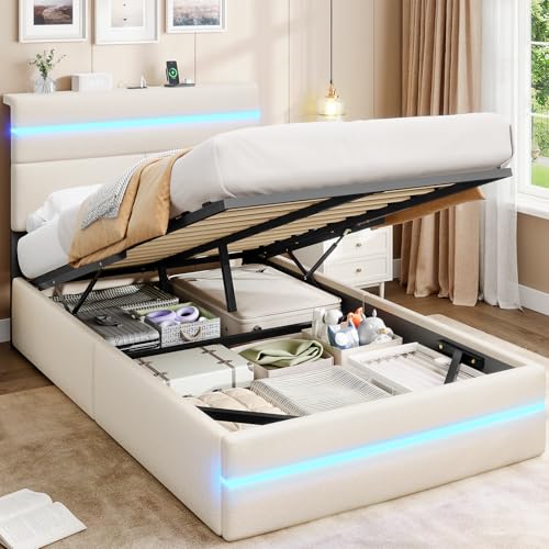 AOGLLATI Cama Individual 90x200 cm con Almacenamiento Hidráulico, Beige