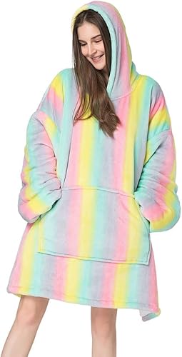 RONGTAI Mantas de gran tamaño, sudadera de sherpa estampada de felpa suave con bolsillos, talla única, color macarrón