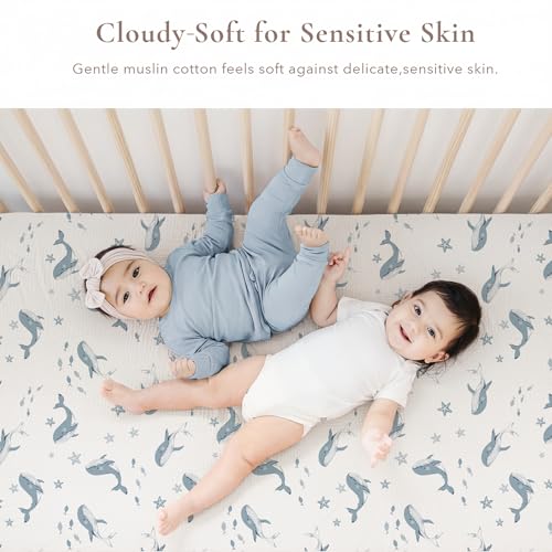 Image of Konssy Muslin Crib Sheets 2 PCS, 100% Cotton Baby Crib Sheets for Standard Crib Mattress (28 inchx 52 inch), Soft and Breathable for Boys, Girls (Blue Whale,Blue)