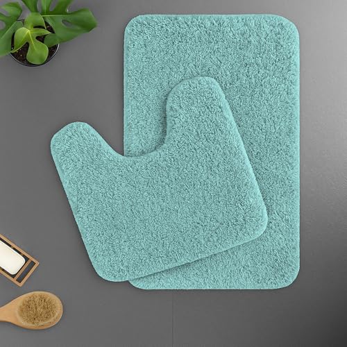 Image of LUXE HOME INTERNATIONAL Polyester Contour Bath Mat - Washable, Anti Skid, Water Absorbent Contour Mats for Bathroom, Toilet, Wash Basin & Bathroom Contour Mat Set (Aqua, 45x 75 cm & 40x45)