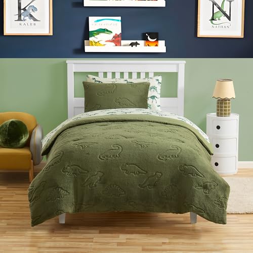 Image of Twin Size Kids Comforter Set - Dinosaur Embossed Bedding Set Bed in a Bag for Boys and Girls Toddlers Sheet Set and Comforter, Dinosaur Embossed