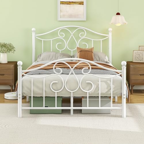 Diahomy Marco de cama doble con cabecero y estribo, base de cama de metal, base de colchón doble, no necesita somier, fácil montaje, base de cama, color blanco