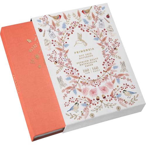 Primrosia A5 Dot Grid Watercolor Journal Notebook – 160 pages I 160gsm Premium Heavy Paper, No Bleed – Luxe Linen Hard Cover with Cute Deer Slip Cover (Peach Hummingbird, 1)