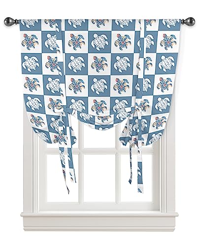 Yukro Tie Up Curtains Window Shades, Sea Turtle Ocean Theme Starfish Splice Texture Rod Pocket Tie Up Window Shade, Adjustable Balloon Curtain Shade for Blinds Kitchen Bathroom, 1 Panel, 34