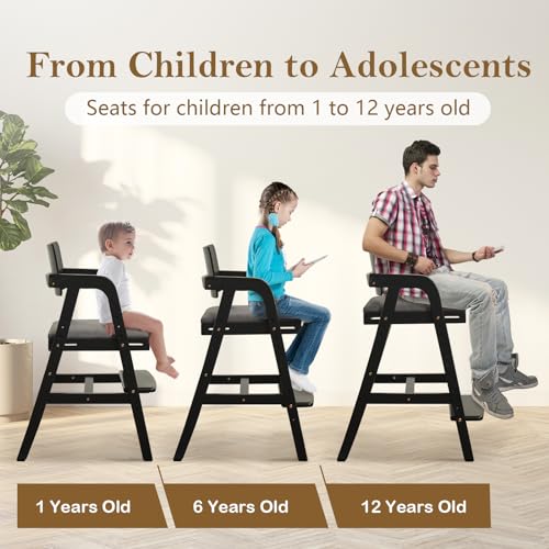 Image of Solid Wood High Chair for Toddlers to Teens, Adjustable Height Toddler Dining Chair, Easy to Clean Toddler Highchair with Removable Soft Cushion for Dining, Studying, Step Stool, Black