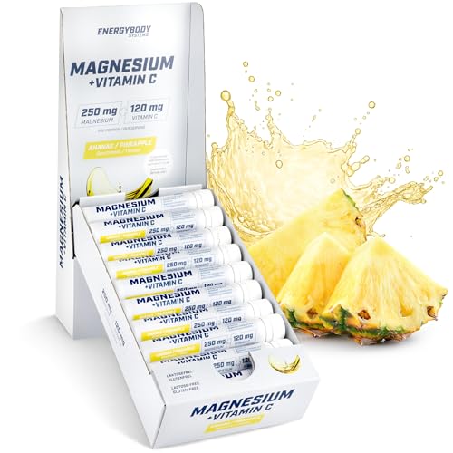 Energybody Flüssig Magnesium Ampullen mit Vitamin C - 20 x 25 ml - 250 mg Magnesium pro Portion - mit Magnesiumcitrat - Ananas Geschmack