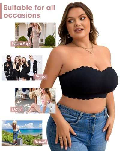 Image of Strapless Wireless Bra for Women Scalloped Full Coverage Bandeau Comfortable Everyday Non-Wired Bra for Large Busts