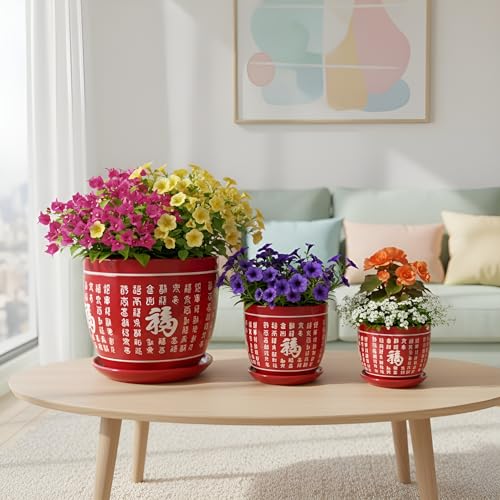 Xtore® Heritage Ceramic Planter Set with Drainage Trays | Oriental Pattern Plant Pots for Home, Balcony & Living Room Décor – (Set of 3, Red, Planter ONLY)