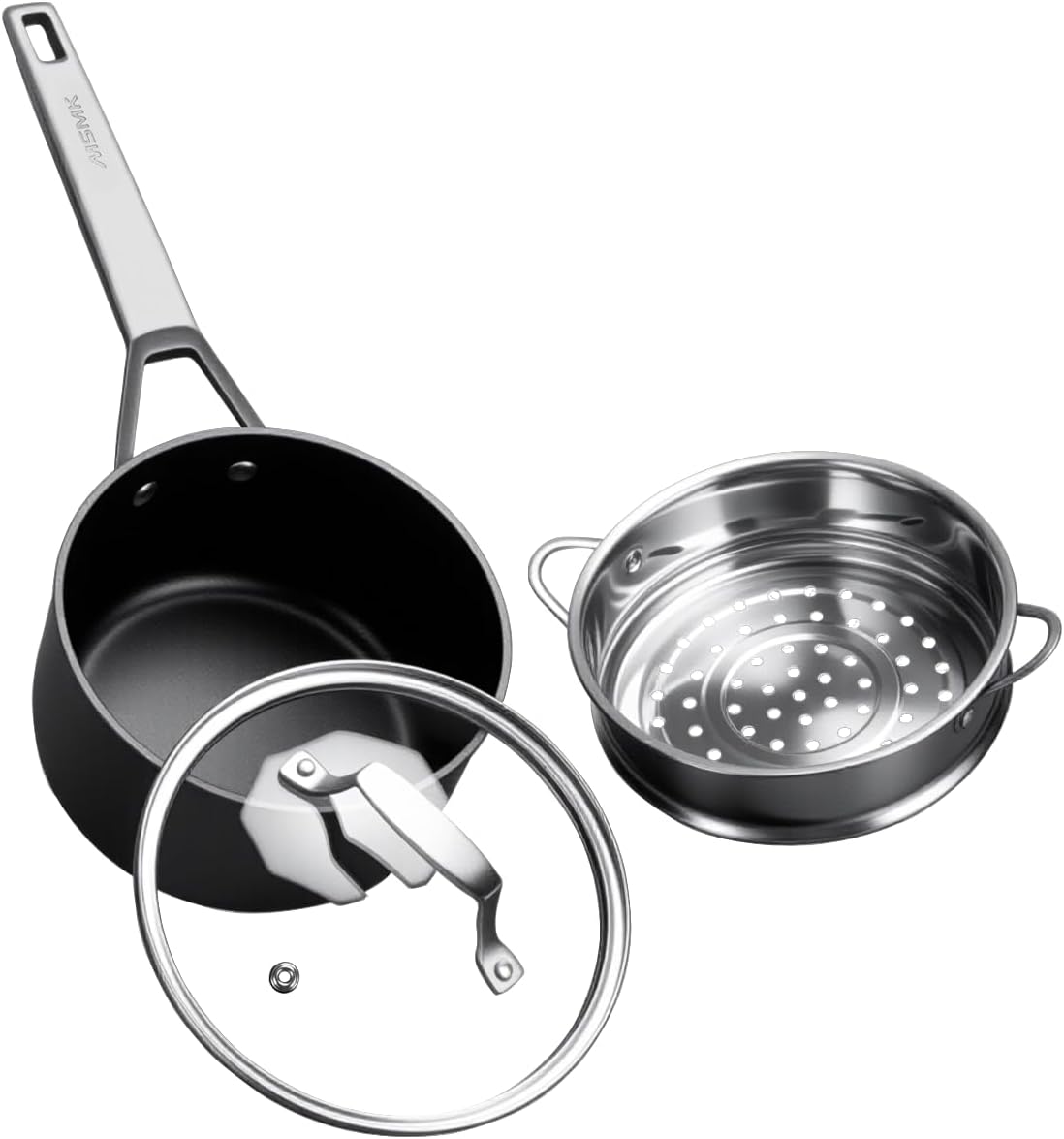 MSMK 2.5 Quart Saucepan with lid, Small Saucepan with Steamer Non stick, Induction, Scratch-resistant, Small Cooking Pot