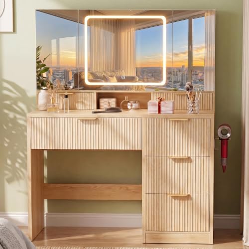 Image of COMHOMA Vanity Desk with 3-Way Mirror and Lights, Makeup Vanity with 360 View Mirror, 3 Lighting Modes, 6 Drawers,Storage Cabinet Fluted Wood Vanity Table with Jewelry Hook for Women Girls