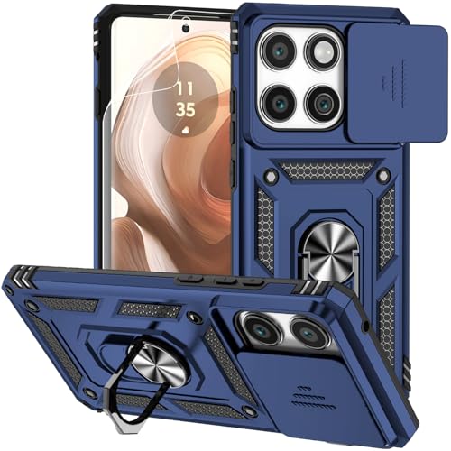 for Motorola Edge 2025 Case, with Camera Lens Cover Screen Protector, Dual Layer Military-Grade Drop Tested Magnetic Ring Holder Kickstand Protective Phone Case for Motorola Moto Edge 2025 (Navy Blue)