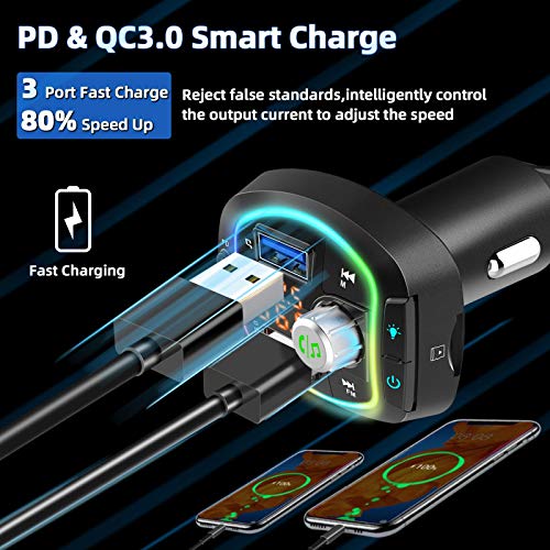 Bluetooth FM Transmitter for Car BT 5.0 Wireless Stereo Audio Adapter Hands-Free Call Kit Radio Music Player Receiver 36W PD & QC3.0 Smart Charge Type-C USB TF Compatible LCD Dual Display RGB Light