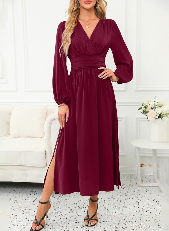 Image of Dokotoo Womens Wrap V-Neck Empire Waist Dress Lantern Sleeve Ruched Side Slit Elegant Maxi Dress
