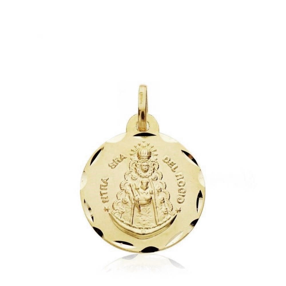 Medaglia scapolare in oro 18 carati della Madonna del Rocío, Vergine Maria, nastro da 18 mm, bordo scolpito, unisex