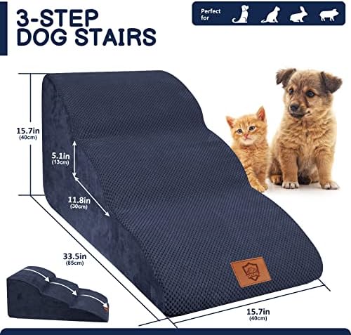 ZNM Dog Steps for Bed Sofa, 3 Steps Dog Stairs, Pet Stairs with Washable Plush Cover, Non-Slip Dog Ramp, Pet Steps for Small Dogs and Cats, Send Lint Roller