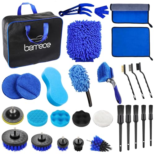 Bemece 29 Piece car detailing kit, car cleaning kit for Cleaning Wheels, Interior, Exterior, Leather, Dashboard, Vents (Blue)…