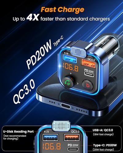 LENCENT FM Transmitter in-Car Adapter, Type-C PD 20W+ QC3.0 Fast USB Charger, Wireless Bluetooth 5.3 Radio Car Kit, Hands-Free Calling, MP3 Player Receiver Hi Fi Bass, Support U Disk