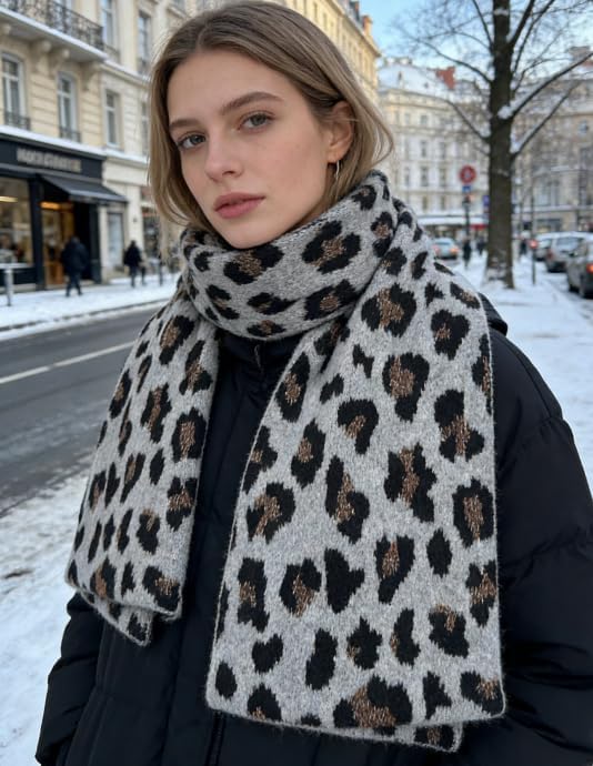 Leopard Print Scarf, Gray with Black and Brown Spots, Soft Knit Winter Wrap