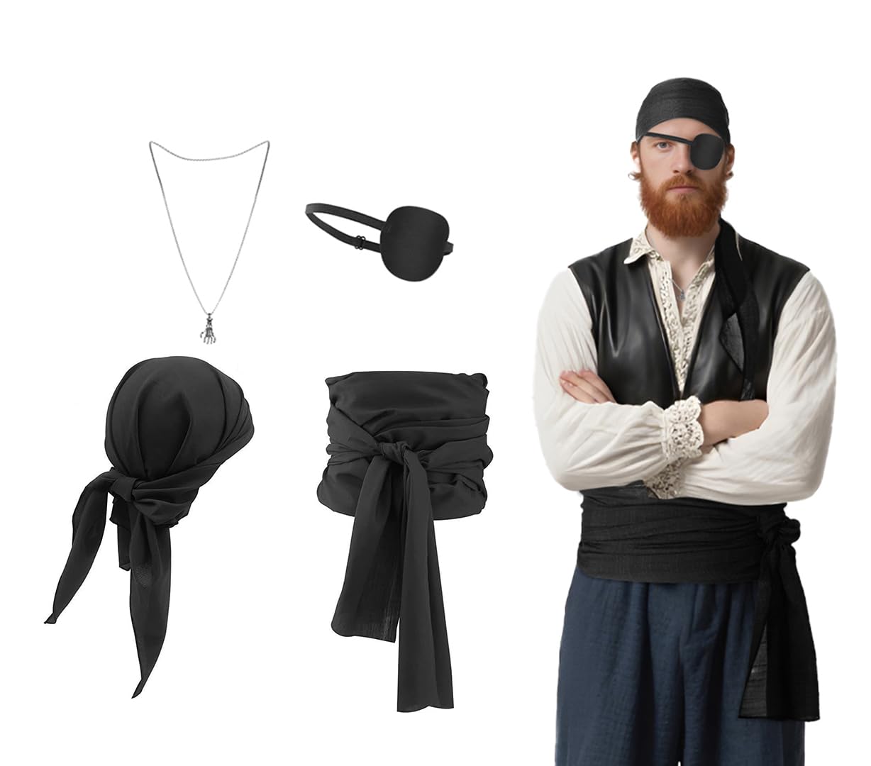 4PCS Pirate Costume Accessory Sets with Headscarf Belt Eye Patch Necklace Women Men Medieval Pirate Fancy Dress Outfit Accessories for Halloween Cosplay Party Carnival Costume, Black, Brown, Dark Red