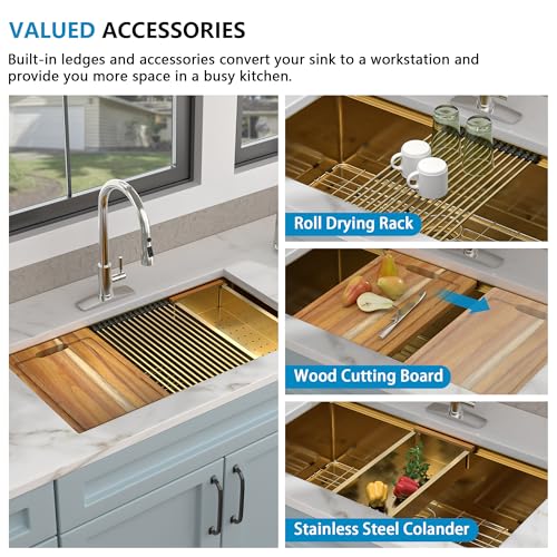 Image of 36 inchx19 inch Undermount Gold Kitchen Sink Workstation - Brushed Gold NANO-PVD, 16 Gauge T304 Stainless Steel, Under Counter Round Corners Single Bowl Sink Basin with Ledge