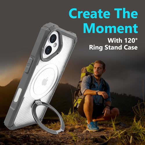 Image of AIBEX Transparent Back Cover Compatible for iPhone 16 Plus| Mag-Saf Magnetic Ring Kickstand | Shockproof Dual Layer Military Grade Drop Protection Armor Case| Wireless Charging Support - Grey