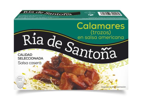 PACK 6 Calamares en salsa americana Ría de Santoña 115Gr por lata, elaborados con trozos de calamar en una salsa deliciosa que realza sus cualidades, conservados de manera artesanal.