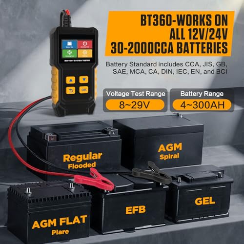 LINXINO BT360 Car Battery Tester 12V 24V 30-2000 CCA Load Tester Starter Alternator Tester Automotive Charging Cranking System Tester for Motorcycle Car Truck SUV ATV Boat
