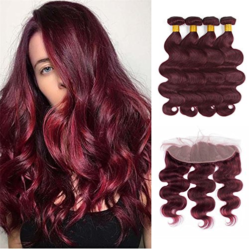 99j Burgundy Bundles Body Wave 4 Bundles with 13X4 Lace Frontal Closure Brazilian Virgin Remy Human Hair Extension with Baby Hair(14 16 18 20 with 14, 99J)