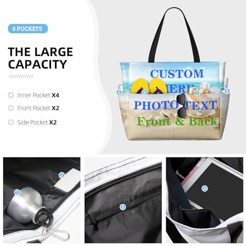 Personalized Tote Bags for Women Custom Tote Bag with Zipper Customized with Your Photo Picture Name Text for Shopping Travel Beach, Water Resistant, Large3