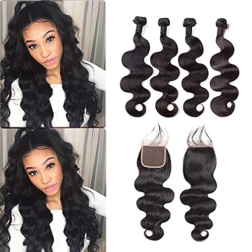 XYHair Brazilian Virgin Ombre Body Wave with Closure 4 Bundles Grade 7A 100% Unprocessed Human Hair Weave Extensions (14161820+12, Nature Black)