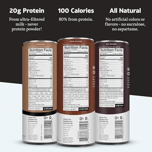 Image of Slate Milk - High Protein Milk Shake - Chocolate Variety Pack - Chocolate, Dark Chocolate, Mocha Latte - Lactose Free, 20g Protein, 1g Sugar, 100-110 Calories, 1-3g Net Carbs - 11 fl oz, 48 Cans