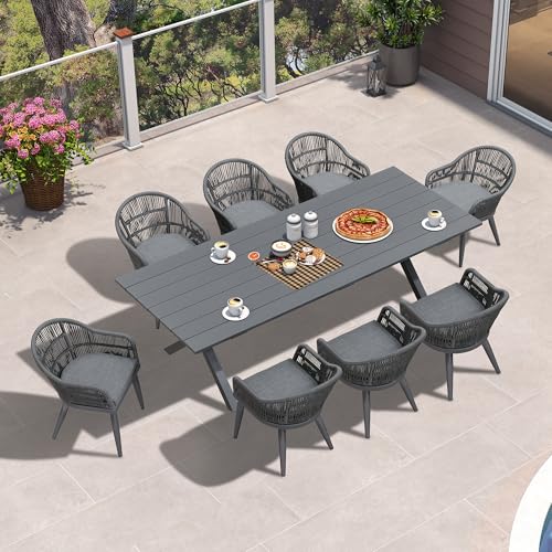 Image of PURPLE LEAF 9 Piece Longer Patio Dining Set with Outdoor Aluminium Dining Table and Woven Chairs Modern Metal Furniture Cushions Sets for Garden Yard Indoor Decor Kitchen Gray