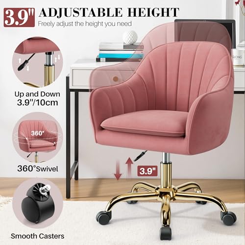 Image of Vanity Chair with Wheels, Comfy Home Office Desk Chairs Adjustable Modern Velvet Makeup Vanity Chairs for Bedroom Living Room-Dusty Rose