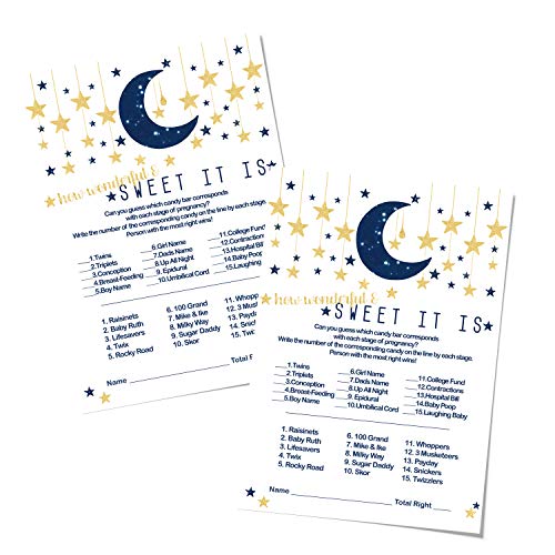 Twinkle Twinkle Little Star Baby Shower Candies Game by Paper Clever Party (25 Cards) Guess the Stages of Pregnancy and Parenthood â€“ Funny How Sweet - Boys Sprinkle Activity â€“ Navy and Gold