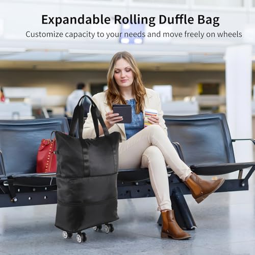Expandable Wheeled Duffle Bag – Foldable travel bag with dry/wet separation, detachable universal wheels, and strap handles. Ideal for business trips, gym, and rolling luggage use.4