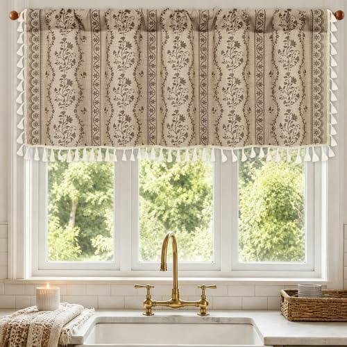 Image of Yinhua Boho Valance Curtains Vintage Linen Kitchen Valances for Windows Light Filtering Bohemian Floral Valance Rod Pocket Tassel Window Valances for Bathroom Cafe, 52 inch W X 18 inch L, Beige Brown