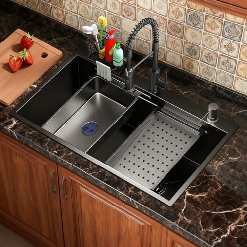 30 Inch Black Drop-In Stainless Steel Kitchen Sink: Single Bowl