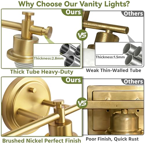 Image of 3-Light Bathroom Vanity Light, Brushed Gold Vanity Lights for Bathroom, Modern Champagne Gold Wall Sconce with White Glass Shades, Anti-Rust Light Fixtures over Mirror (Bulbs Not Included, E26 Base)